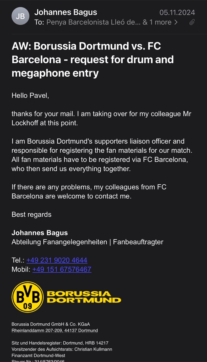 PauMisar's tweet photo. @JIMacia @SeguimentFCB 5/9 🔊 Para el partido contra el Dortmund pedimos permiso para entrar con bombos y megáfono.
Aunque el SLO del Borussia Dortmund no ve ningún problema, el área de seguridad del Barça lo rechazó, a pesar de nuestra gestión directa con ellos. https://t.co/F6LjWAkKSY
