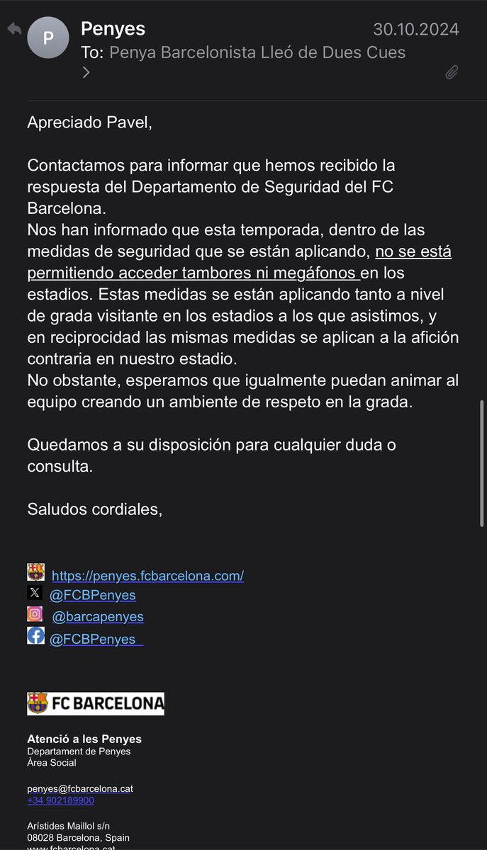 PauMisar's tweet photo. @JIMacia @SeguimentFCB 5/9 🔊 Para el partido contra el Dortmund pedimos permiso para entrar con bombos y megáfono.
Aunque el SLO del Borussia Dortmund no ve ningún problema, el área de seguridad del Barça lo rechazó, a pesar de nuestra gestión directa con ellos. https://t.co/F6LjWAkKSY