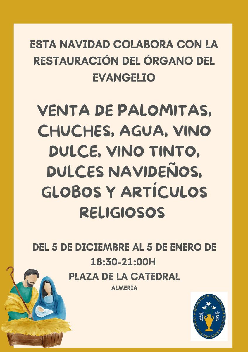 ✨ Esta Navidad acércate hasta la Pl. de la Catedral, disfruta del mejor ambiente navideño y colabora con la restauración del Órgano del Evangelio, venta de palomitas, chuches, vino dulce y mucho más!

Te esperamos en estas fechas y horarios⬇️

#CatedralAlmeria #Navidad #Almeria