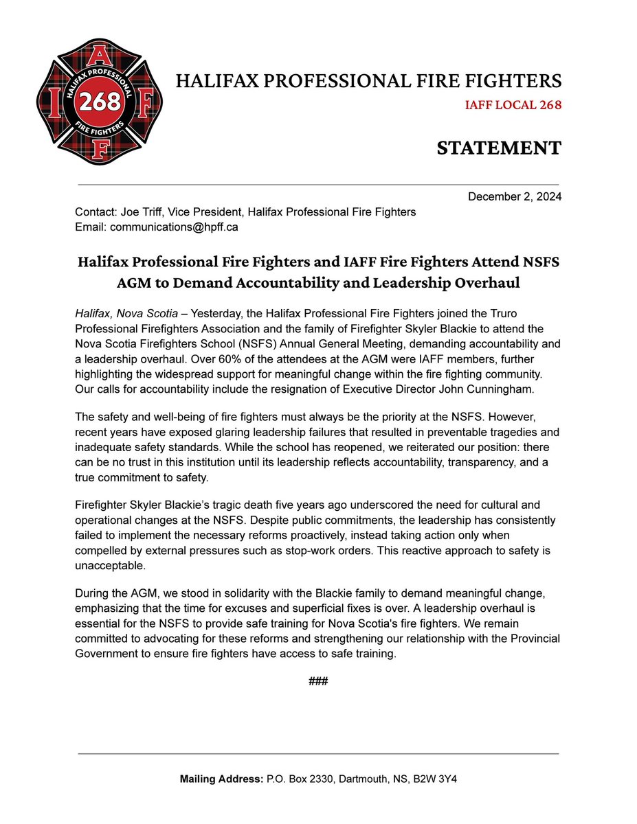 We joined <a href="/IAFFCanada/">IAFF Canada Fire Fighters - Pompiers AIP Canada</a> members from <a href="/TruroProFF/">Truro Firefighters</a> and the Blackie family yesterday at the Nova Scotia Firefighters School AGM to demand accountability and leadership change. Read our statement below.