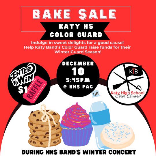 KatyColorGuard's tweet photo. The Katy Color Guard Christmas raffle and bake sale!!! Raffle tickets are $1 and they can be purchased by contacting a color guard member or ordering! https://t.co/oQToOLcLhy