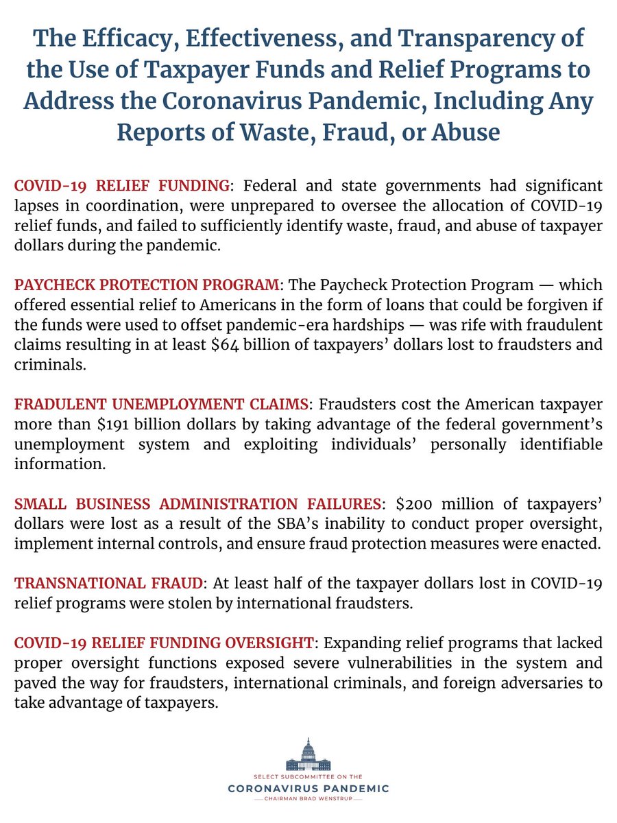 COVID-19 RELIEF FUNDING

Federal and state governments had significant lapses in coordination, lacked proper oversight functions, and were unprepared to oversee the allocation of COVID-19 relief funds. READ MORE⬇️