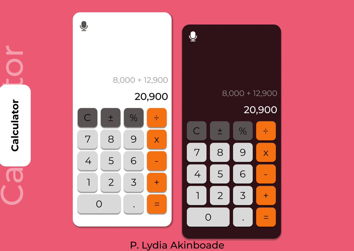 LydiaAkinboade's tweet image. Task completed ✅✅

Day 3 of the @TechCrushHQ UI/UX Challenge

Task: Design a calculator (Assigned by @JoshOpaleke ).

What do you think of this? Feedback is highly welcome!

#UIUXDesign #calculatorUI #techcrushchallenge #productdesign