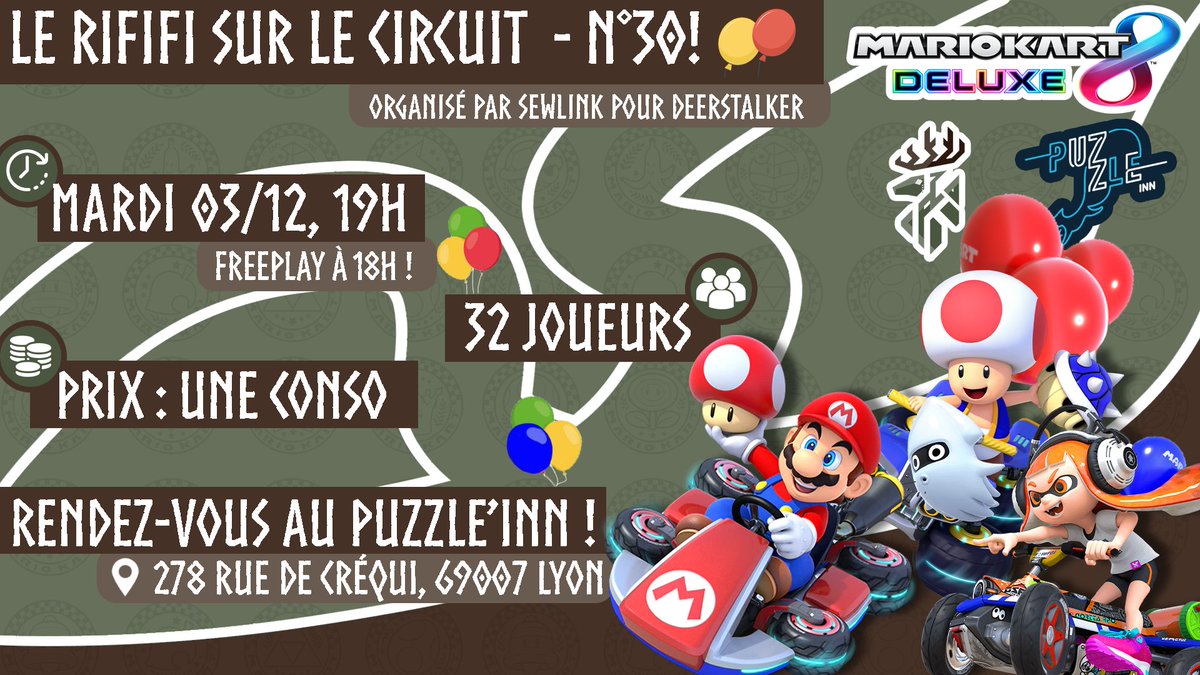 🎈 Rififi sur le Circuit #30 - spéciale bataille de ballons 🎈

📍Puzzle Inn, 278 Rue de Créqui
📅 Mardi 03/12
🕖Début du tournoi 19h
🕕Freeplay à partir de 18h
🍻Entrée : Une conso minimum au bar
📝 Inscription ci-dessous ⬇️
forms.gle/nxs4duo6Wi8EBN…