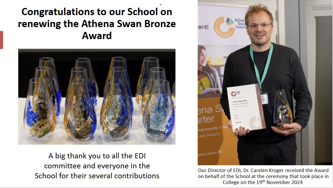 Congrats to all who make our School a great place to work and study, and to Carsten Kroger @KroegerLab  and our EDI Committee for working on our successful submission. 👏👏👏😀 <a href="/tcddublin/">Trinity College Dublin</a> <a href="/TCDEquality/">Trinity Equality, Diversity and Inclusion</a> #AthenaSWANIreland