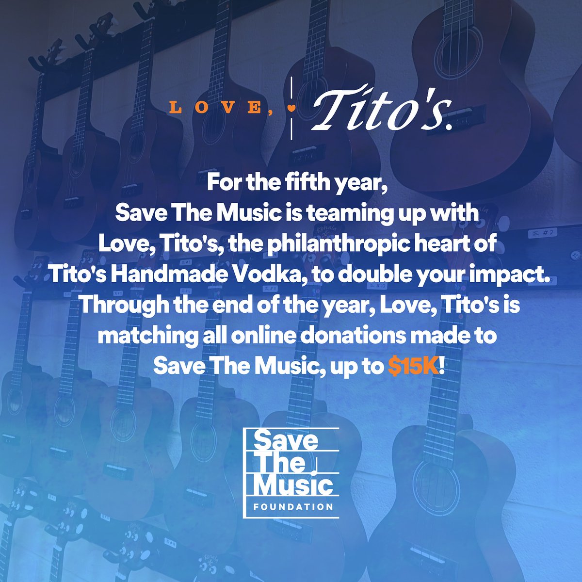 Donate now &amp; Love, Tito’s will match donations dollar-for-dollar up to $15K through the end of the year! Join us &amp; benefit future generations of artists &amp; creatives. 🎼  @titosvodka
🔗  bit.ly/3DcWjzX 
#givingseason #givingszn #musicsaves #music #education #savethemusic
