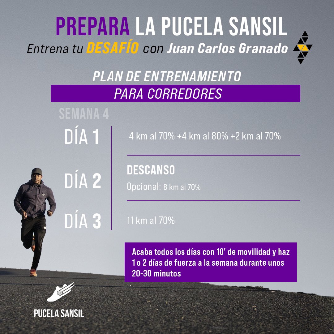 🏃🏻‍♂️¡Prepárate para la #PucelaSansil con <a href="/juankimen/">Juanki Granado</a>! Seguimos con el Plan de Entrenamiento Semanal para llegar en la mejor forma.

🏃🏻‍♀️Cada semana compartiremos ejercicios específicos para tres niveles: principiantes, novatos y corredores experimentados.

<a href="/entrenatudes/">entrenatudesafio</a>