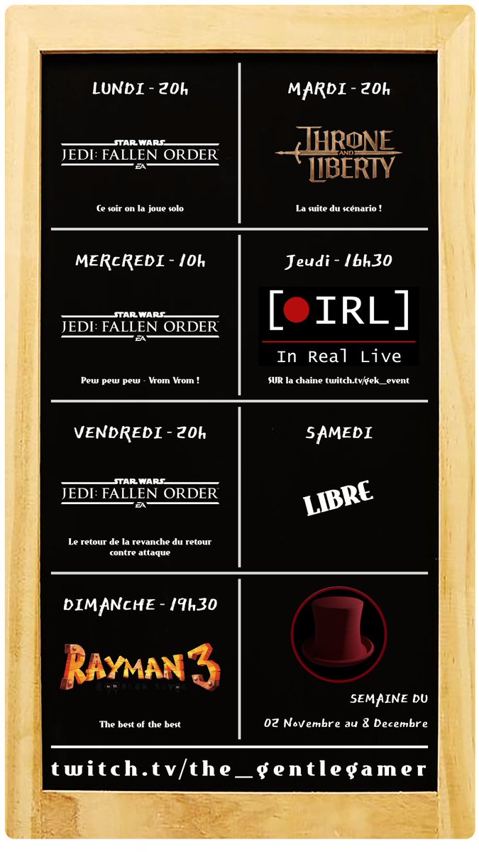 Hey <a href="/everyone/">Everyone</a> !
Enfin le calendrier, il y a eu des indécisions par l'équipe du Lundi du coup je n'avais pas visibilité mais c'est tout bon.
Ce soir on retourne sur Jedi Fallen Order :)

Bonne semaine à tous !

twitch.tv/the_gentlegamer