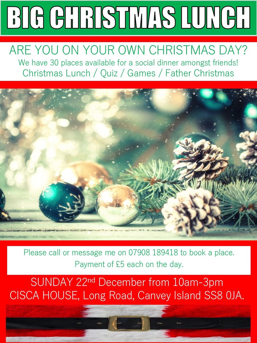 Nobody should spend Christmas alone!

If you’re over 55, and in Castle Point Borough, DM me to secure your place at this Christmas Lunch!