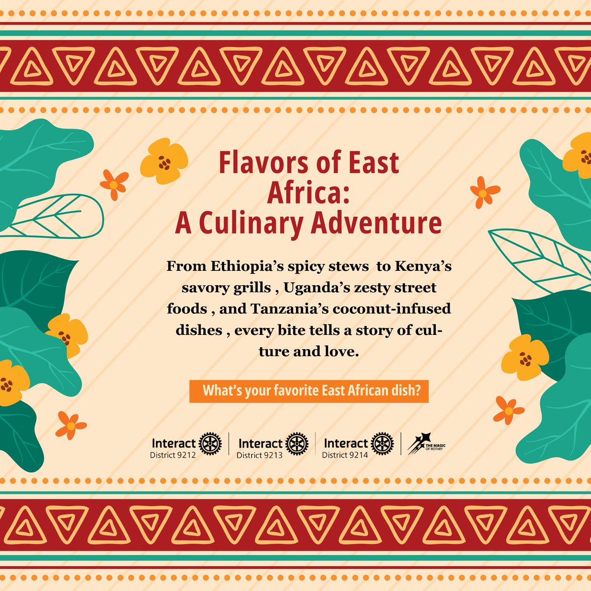 We will be exploring the rich and diverse flavors of East Africa! From the spicy stews of Ethiopia to the savory grills of Kenya, the zesty street foods of Uganda, and the coconut-infused dishes of Tanzania, each meal is a journey through culture and tradition.