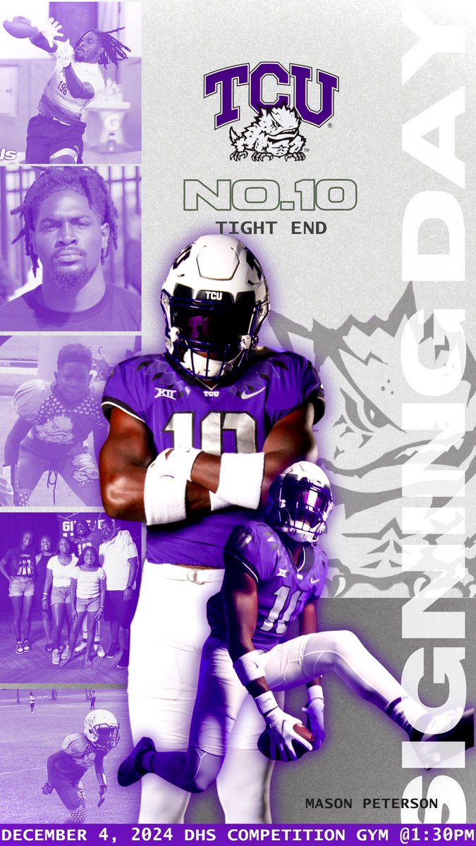Mason Peterson (@mason1peterson) on Twitter photo I will be signing December 4th at Dickinson High School for National Signing Day!! π€π
#GoFrogs <a href="/TCUFootball/">TCU Football</a> I will be signing December 4th at Dickinson High School for National Signing Day!! π€π
#GoFrogs <a href="/TCUFootball/">TCU Football</a>