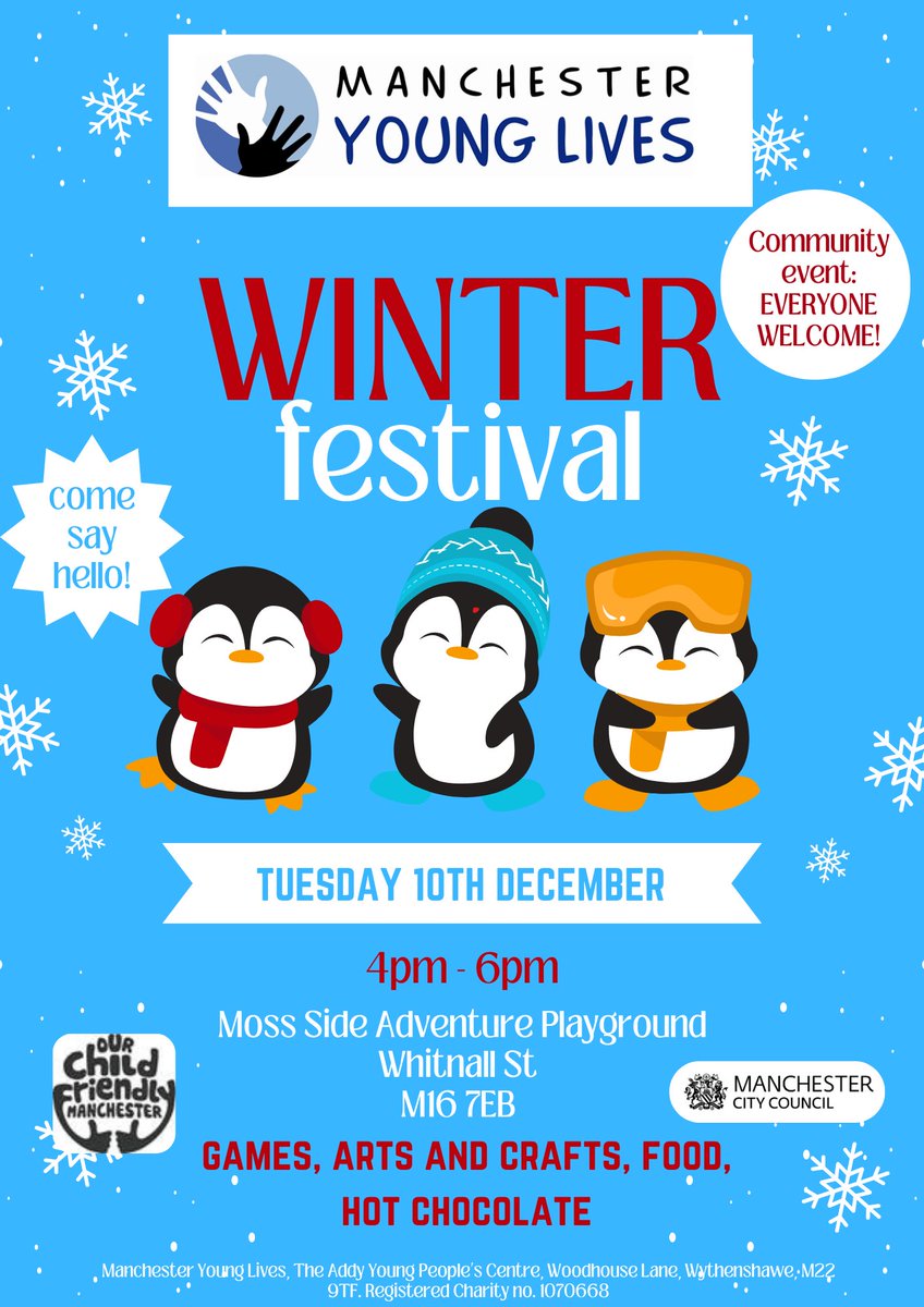 Join #manchesteryounglives Winter Festival at our #mossside Adventure Play Ground. Come along to find out more about MYL, free food and activities. Everyone welcome! #article31 #childfriendlymanchester