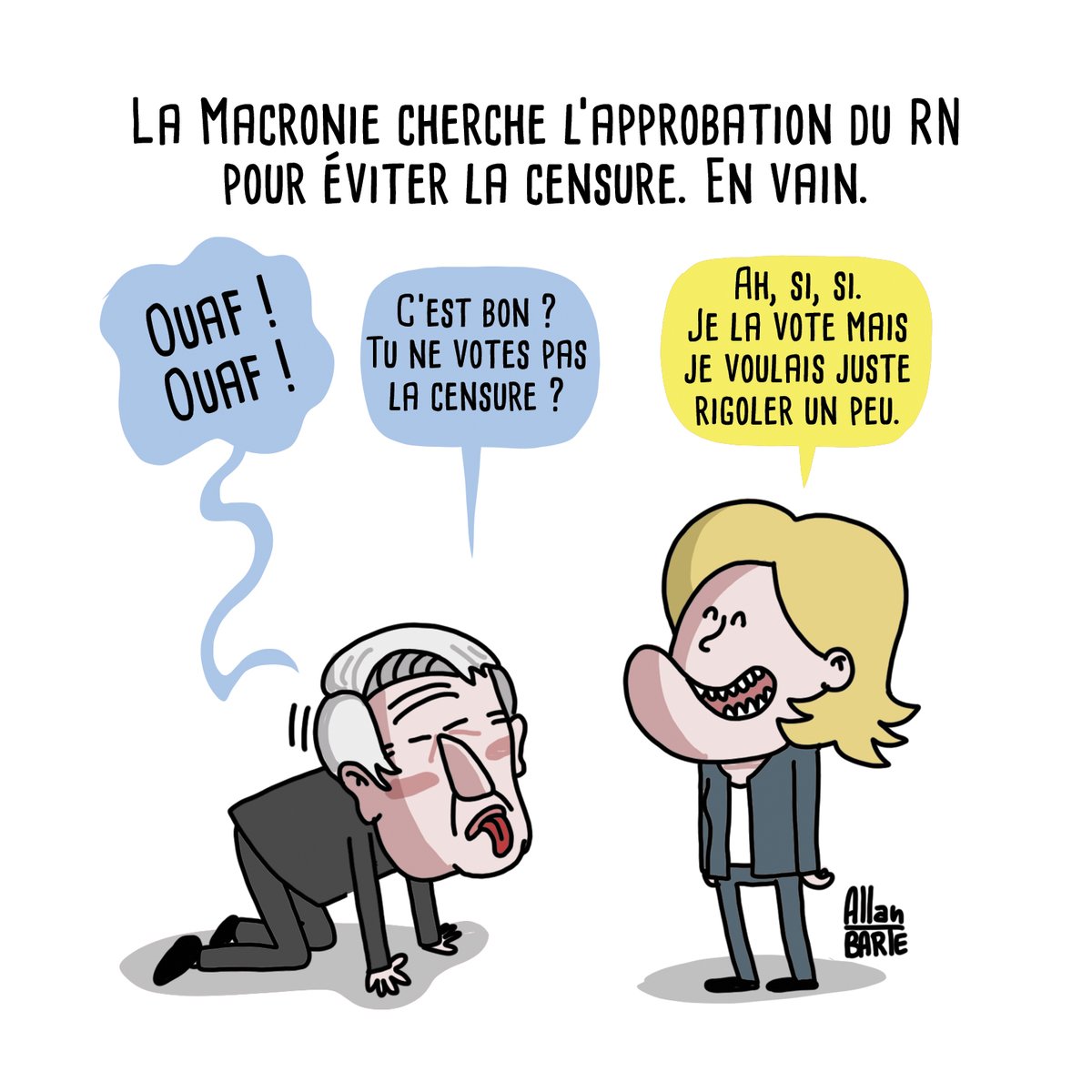 Négociation avec l'extrême droite : la Macronie a cru choisir entre la censure et le déshonneur. Elle aura la censure ET le déshonneur. #MotionDeCensure

Pour soutenir la lutte dessinée :
▶️ ko-fi.com/allanbarte