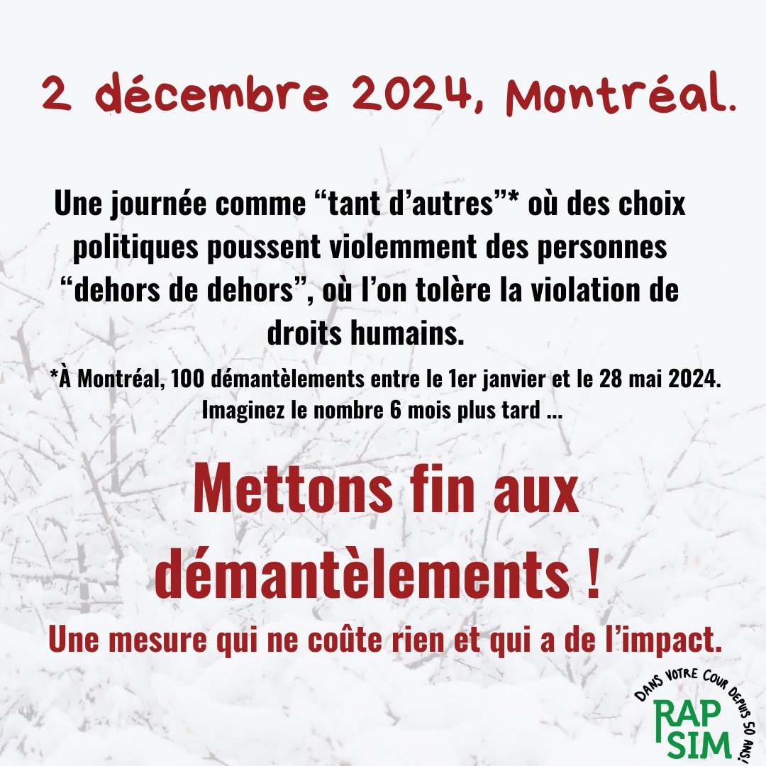 La <a href="/MTL_Ville/">Ville de Montréal</a> a une politique de démantèlement des campements des personnes en situation d'#itinerance, malgré que ce soit reconnu comme une violation des #droitshumains. Mettons fin à l'impunité. Mettons fin aux #demantelements sur tout le territoire montréalais!
#polmtl #polqc
