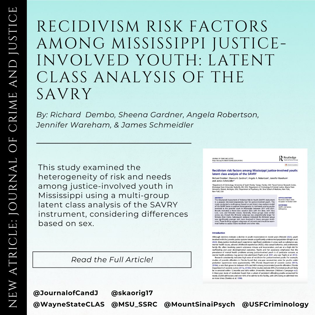 New insights into the use of risk assessment in juvenile justice!

A closer look at the SAVRY across male and female youth.

Read the full article and the Journal of Crime and Justice: tinyurl.com/ksa4272w