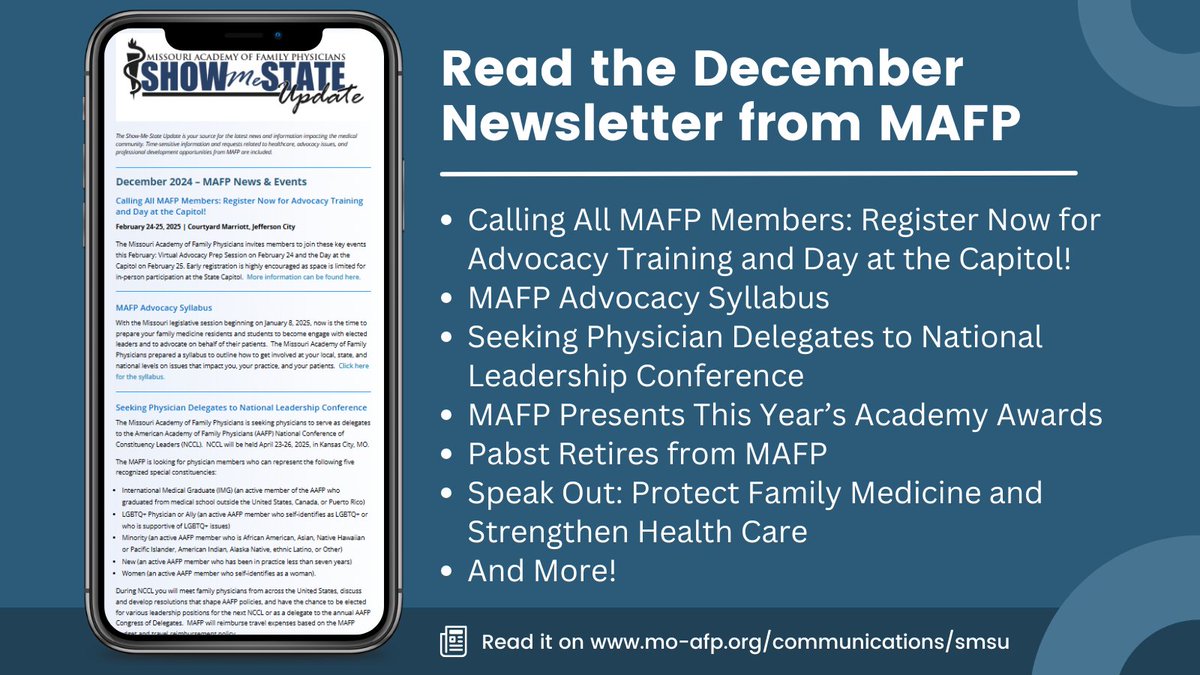 Get important updates from MAFP in December's Show-Me-State Update. Visit mo-afp.org/communications… to read it now.

#MOFamilyDocs #FamilyMedicine #FamilyPhysician #PrimaryCare #FamilyMed #HealthCare #Doctor #Health