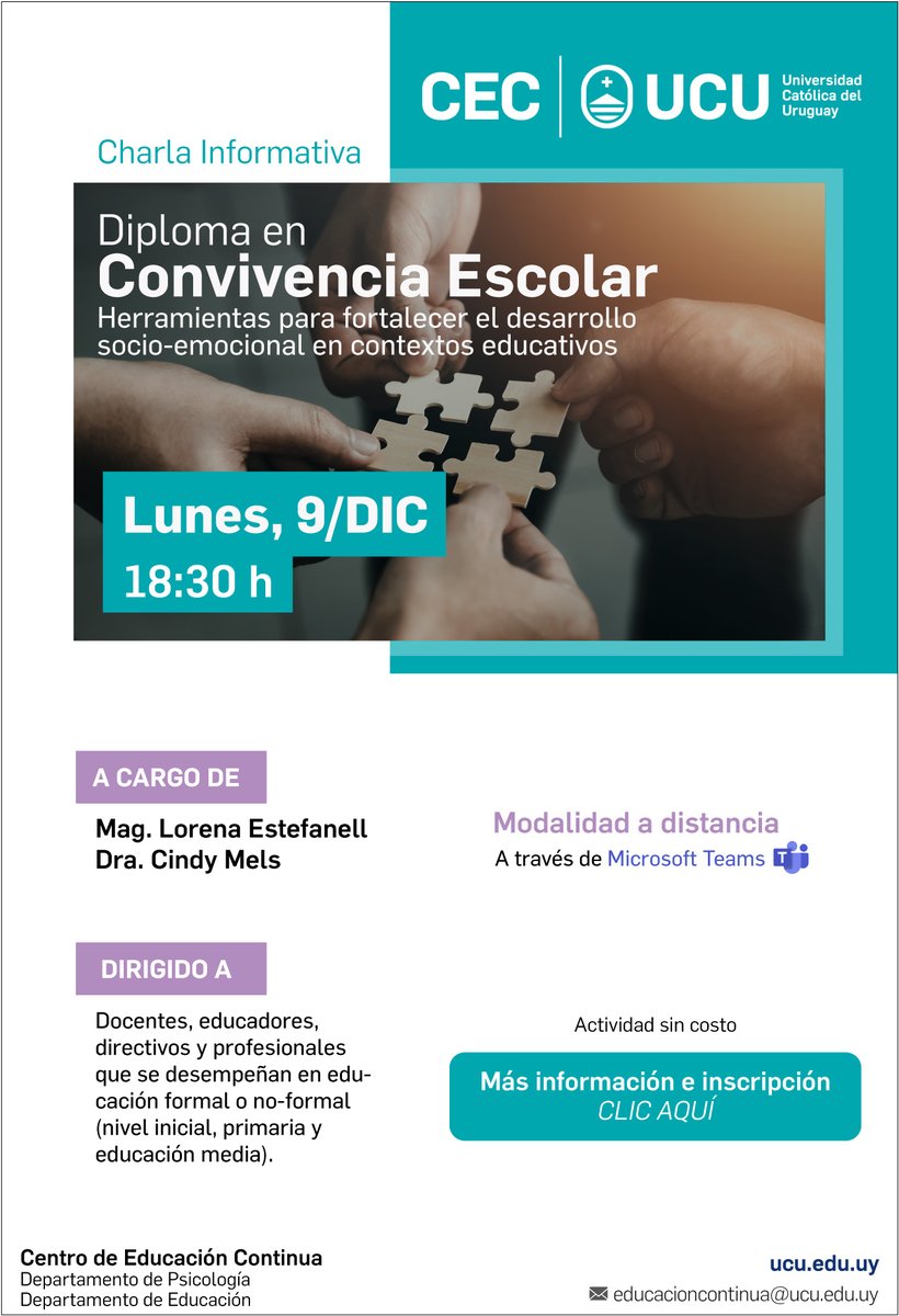 💡En 2025 se abre una nueva edición de nuestro Diploma en #ConvivenciaEscolar <a href="/EducacionUcu/">Departamento de Educación, UCU</a> <a href="/psicologia_ucu/">Departamento de Psicología - UCU</a> El próximo lunes 9/12 l@s esperamos en una charla informativa🗣️ Más info en ucu.edu.uy/agenda//evento…