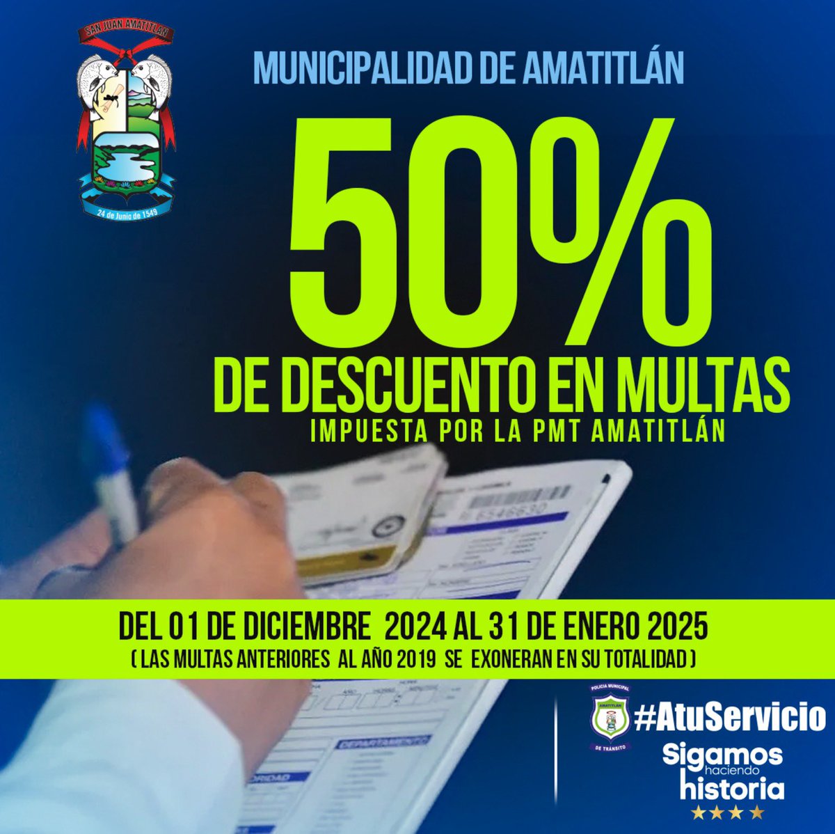 #ATENCION

📝Descuento en multas de la #PMT_Amatitlán de un 50% del 1 de Diciembre 2024 al 31 de Enero 2025 y si tiene multas del 2019 hacia años anteriores aplica exoneración del pago total.

🚔#PMT_Amatitlán a tu servicio.

#Administración2024_2028
