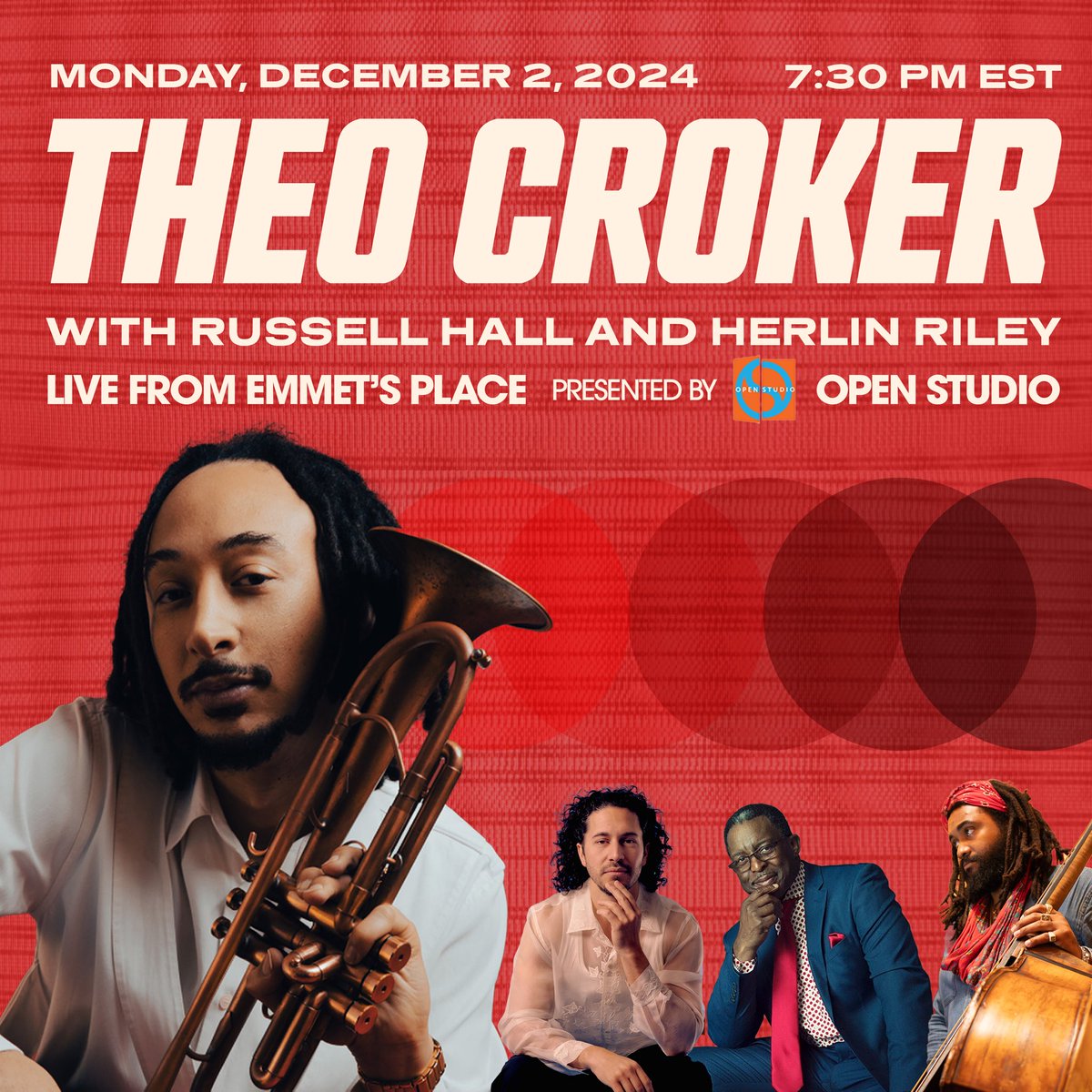 Join us TONIGHT on YouTube or Facebook at 7:30 PM EST for our November installment of #emmetplace Presented by <a href="/OpenStudioJazz/">Open Studio</a> featuring <a href="/TheoCroker/">Theo Croker</a>, #herlinriley and #RussellHall! This has been a long-awaited livestream and we’re thrilled to share it with you all!