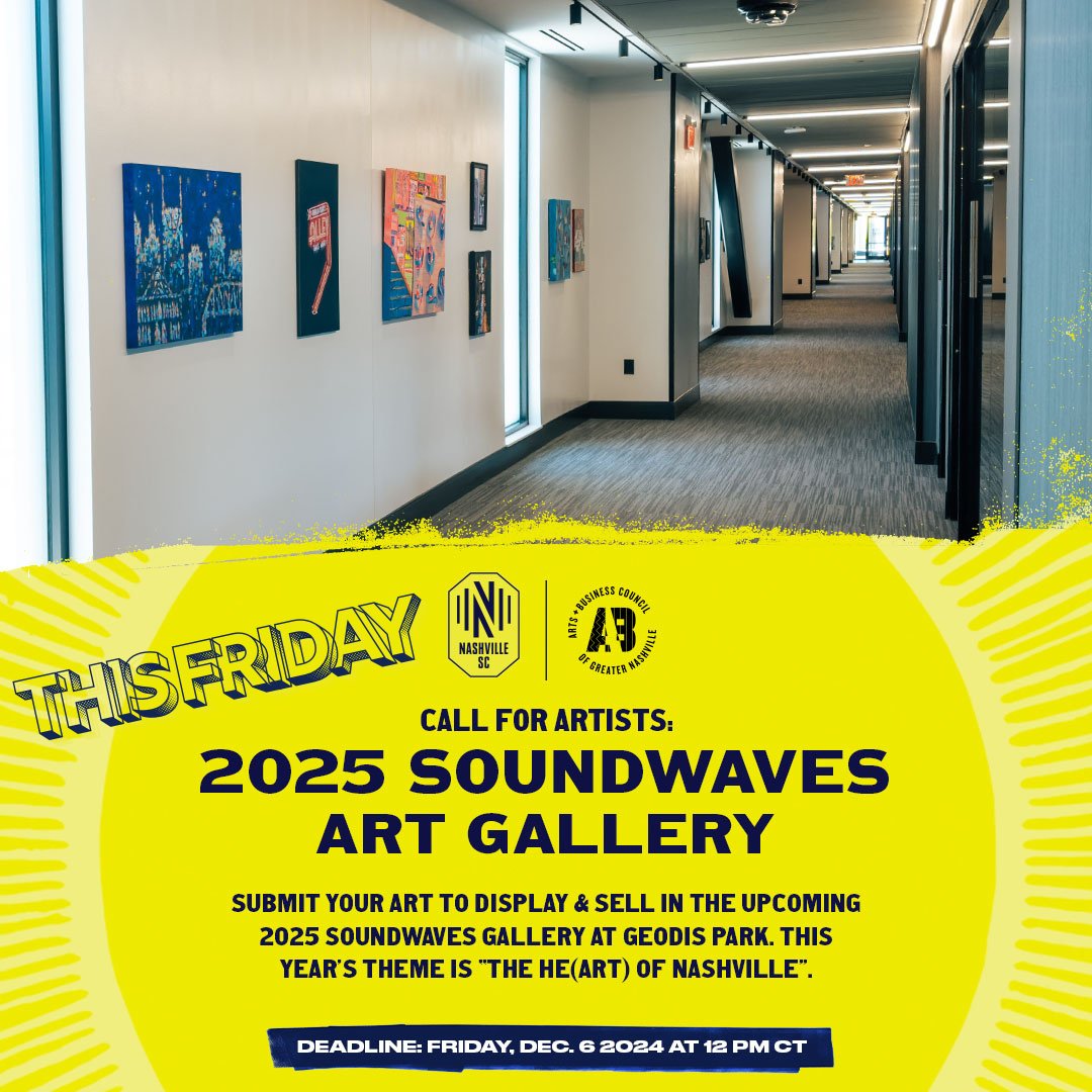 Arts & Business Council of Greater Nashville (@abcnashville) on Twitter photo Final Week! The Arts & Business Council & @NasvilleSC are seeking artists to display work in the 2025 ABC x NSC Soundwaves Gallery at <a href="/GEODISPark/">GEODIS Park</a> Submission deadline FRIDAY 12/6. bit.ly/SoundwavesCall… #SoundwavesGallery #KeepNashvilleCreative Final Week! The Arts & Business Council & @NasvilleSC are seeking artists to display work in the 2025 ABC x NSC Soundwaves Gallery at <a href="/GEODISPark/">GEODIS Park</a> Submission deadline FRIDAY 12/6. bit.ly/SoundwavesCall… #SoundwavesGallery #KeepNashvilleCreative