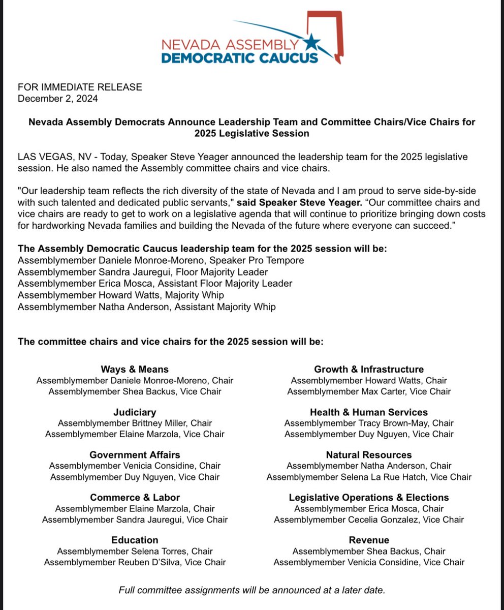 Today, Speaker @SteveYeagerNV announced the Assembly Majority Leadership team and Committee chairs for the 2025 legislative session.