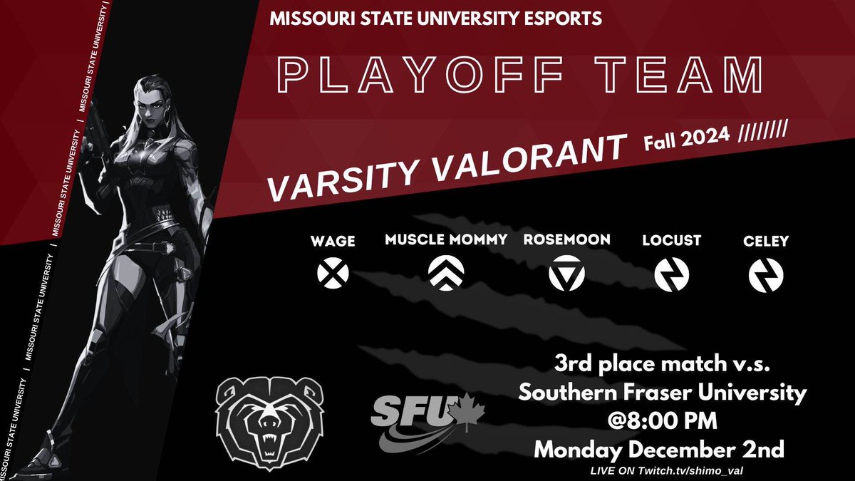 Welcome back from break, Bears! Tonight, our Valorant team has its next playoff match against SFU! Celey is a sub for Shimo tonight, so make sure to watch live on our Twitch at 8 PM!
