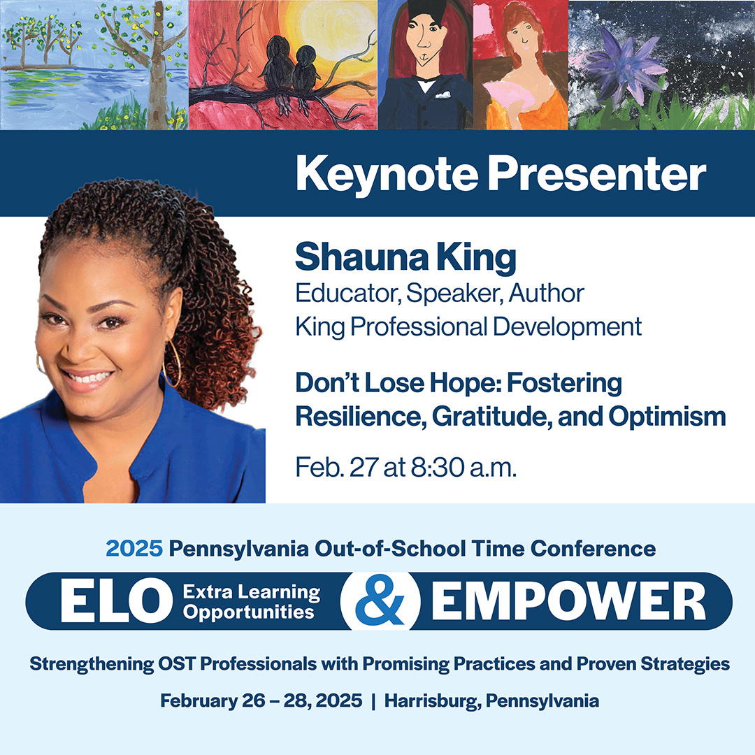 PA Statewide Afterschool/Youth Development Network (@psaydn) on Twitter photo Meet 2025 #ELOempowerOST keynote Shauna King! Educator, former principal & author with 20+ years’ experience, she’ll present “Don’t Lose Hope: Fostering Resilience, Gratitude, and Optimism.” Join us Feb. 26-28 in Harrisburg! #afterschool #OST <a href="/ShaunaFKing/">Shauna F. King</a> hubs.ly/Q02-04vg0 Meet 2025 #ELOempowerOST keynote Shauna King! Educator, former principal & author with 20+ years’ experience, she’ll present “Don’t Lose Hope: Fostering Resilience, Gratitude, and Optimism.” Join us Feb. 26-28 in Harrisburg! #afterschool #OST <a href="/ShaunaFKing/">Shauna F. King</a> hubs.ly/Q02-04vg0