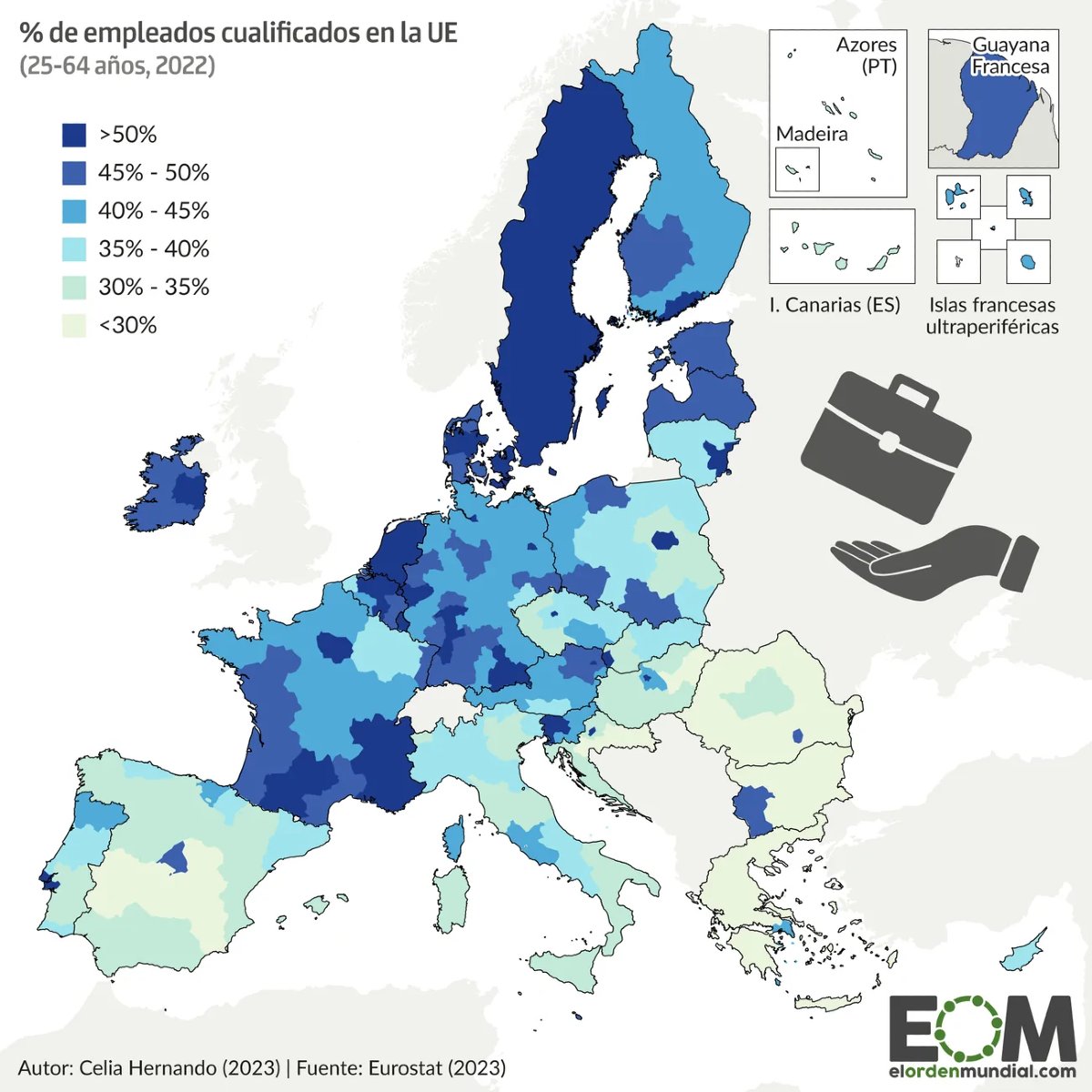 elOrdenMundial's tweet photo. ¿Dónde se concentra el empleo cualificado de la UE?

Especialmente en tres zonas:

👉Regiones capitales.
👉Países nórdicos.
👉Eje industrial.

Así se ve sobre el mapa 📍
https://t.co/aF5ZN3svBJ https://t.co/xImKwLBkAv
