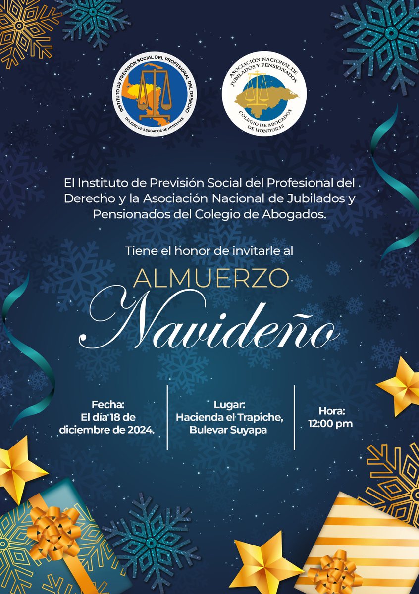 "Almuerzo Navideño".
📷 Fecha: 18 de diciembre
📷 Hora: 12:00 p.m.
📷 Lugar: Hacienda El Trapiche, Bulevar Suyapa

Será una oportunidad para compartir momentos especiales en esta temporada tan significativa. ¡Te esperamos con alegría para celebrar juntos!
¡No faltes! 📷