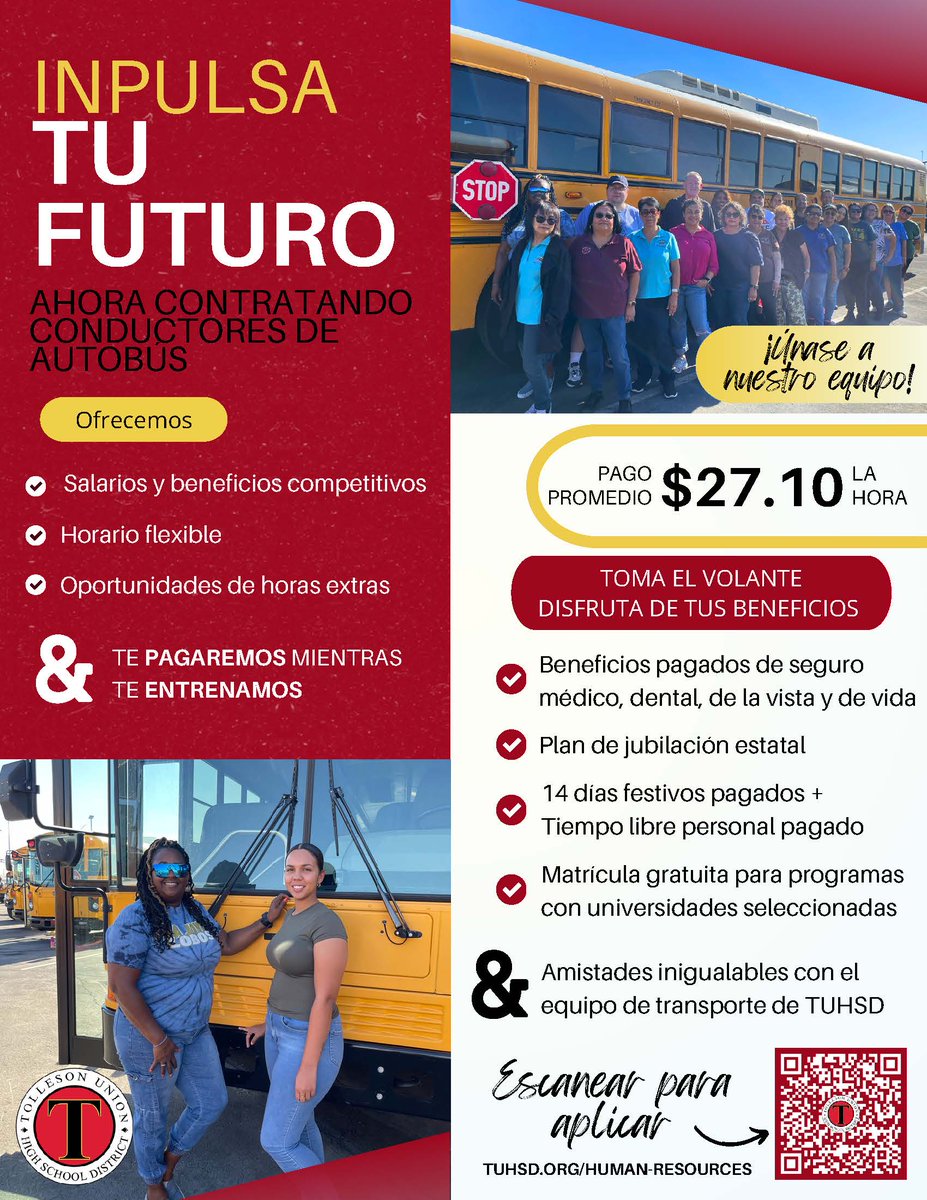 Apply today on our Human Resources Department page OR in person at our unique Bus Driver Job Fair Thursday from 8 a.m. to noon at the district office: 9801 W. Van Buren St., Tolleson. tuhsd.org/human-resources