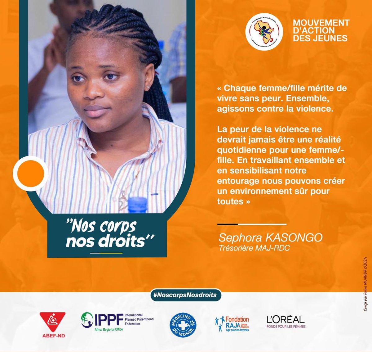 Sophia Tshela (@sophiatshela) on Twitter photo #NosCorpsNosDroits
#16JoursdActivisme
La peur de la violence ne devrait jamais être une réalité quotidienne pour une femme/fille. Agissons contre la violence.
<a href="/abefnd_rdc/">ABEF-ND RDC</a>
<a href="/IPPFAR/">IPPFAR</a>
<a href="/MondeRdc/">Médecins du Monde RDC</a>
<a href="/MdM_France/">Médecins du Monde</a>
<a href="/FondationLOreal/">Fondation L'Oréal</a>
<a href="/FondationRaja/">Fondation RAJA - Danièle Marcovici</a> #NosCorpsNosDroits
#16JoursdActivisme
La peur de la violence ne devrait jamais être une réalité quotidienne pour une femme/fille. Agissons contre la violence.
<a href="/abefnd_rdc/">ABEF-ND RDC</a>
<a href="/IPPFAR/">IPPFAR</a>
<a href="/MondeRdc/">Médecins du Monde RDC</a>
<a href="/MdM_France/">Médecins du Monde</a>
<a href="/FondationLOreal/">Fondation L'Oréal</a>
<a href="/FondationRaja/">Fondation RAJA - Danièle Marcovici</a>