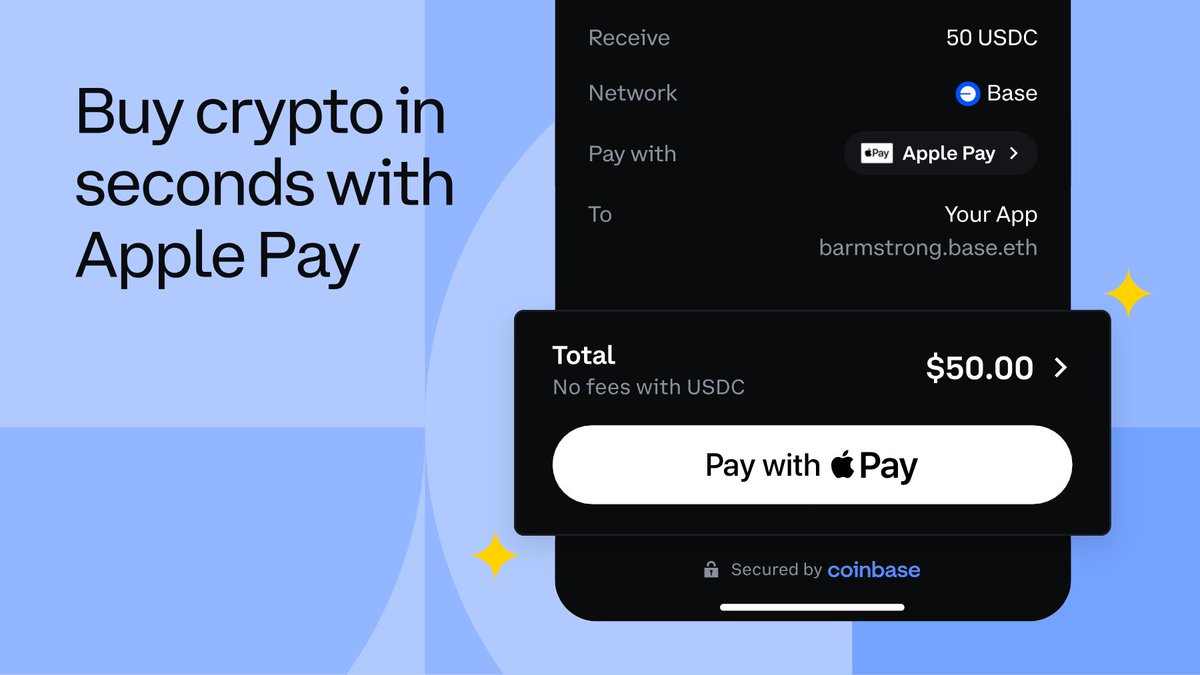 COINBASE NOW LETS YOU USE APPLE PAY TO BUY CRYPTO Coinbase $COIN just  announced Apple Pay $AAPL can now be used for all fiat-to-crypto purchases  via Coinbase Onramp