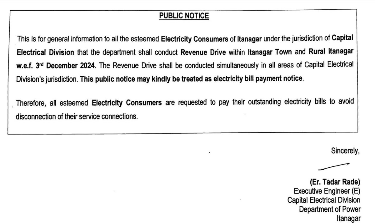 doparunachal's tweet image. #DearElectricityConsumers

The Department of Power shall shortly begin a revenue drive within Itanagar Town &amp;amp; Rural Itanagar from tomorrow.

#PayBijliBillOnTime #RevenueDrive