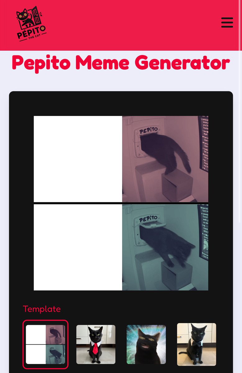 Generate <a href="/PepitoTheCat/">Pépito</a> memes through the community-made meme generator (pepitocto.com/memes) so we can make Pépito laugh 🐈‍⬛✨😹

Make sure to use #PepitoMeme
