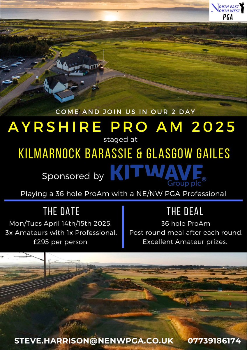 Our 🌼Spring🌼 36 hole ProAm sees us visit the Ayrshire Coast, when we will be playing the links courses of 𝐊𝐢𝐥𝐦𝐚𝐫𝐧𝐨𝐜𝐤 𝐁𝐚𝐫𝐚𝐬𝐬𝐢𝐞 𝐚𝐧𝐝 𝐆𝐥𝐚𝐬𝐠𝐨𝐰 𝐆𝐚𝐢𝐥𝐞𝐬

To enter a team, please get in touch.