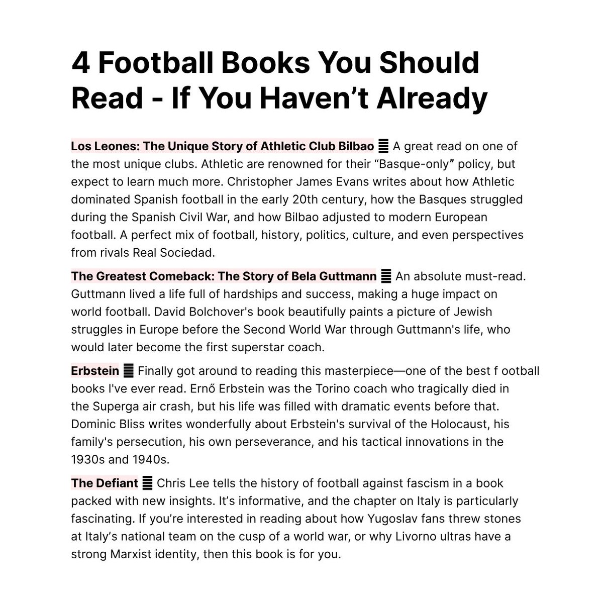 MarkovicNeb's tweet image. Need a football book to buy yourself (or someone else) for the holidays?
Here's my short list of the ones I loved in the past year or two.
If you're a football and history nerd like me, I believe you'll enjoy these 🙃👇