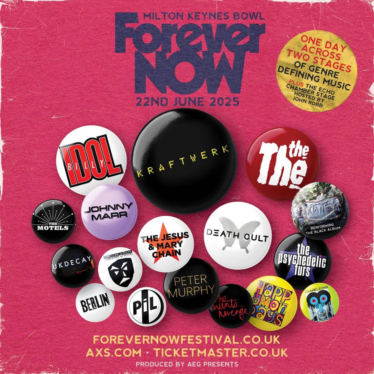 The “Forever Now” festival line-up for June 22nd 2025 in Milton Keynes, England has just been announced:

Kraftwerk, Billy Idol, Psychedelic Furs, Johnny Marr, Jesus &amp; Mary Chain, The The, Peter Murphy, The Damned, PIL, Chameleons, Happy Mondays, Death Cult, Berlin, Motels &amp; more