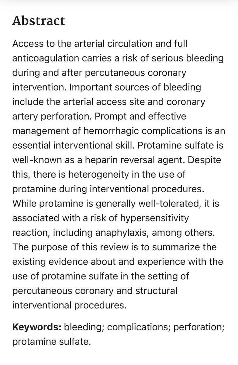 Who uses Protamine post-PCI in the Cath Lab 🤷‍♂️? Currently using for all CTOs (after coronary gear removal) and all elective Impella high-risk PCI (after device removal). What do others do? 🔗 pubmed.ncbi.nlm.nih.gov/37172213/…