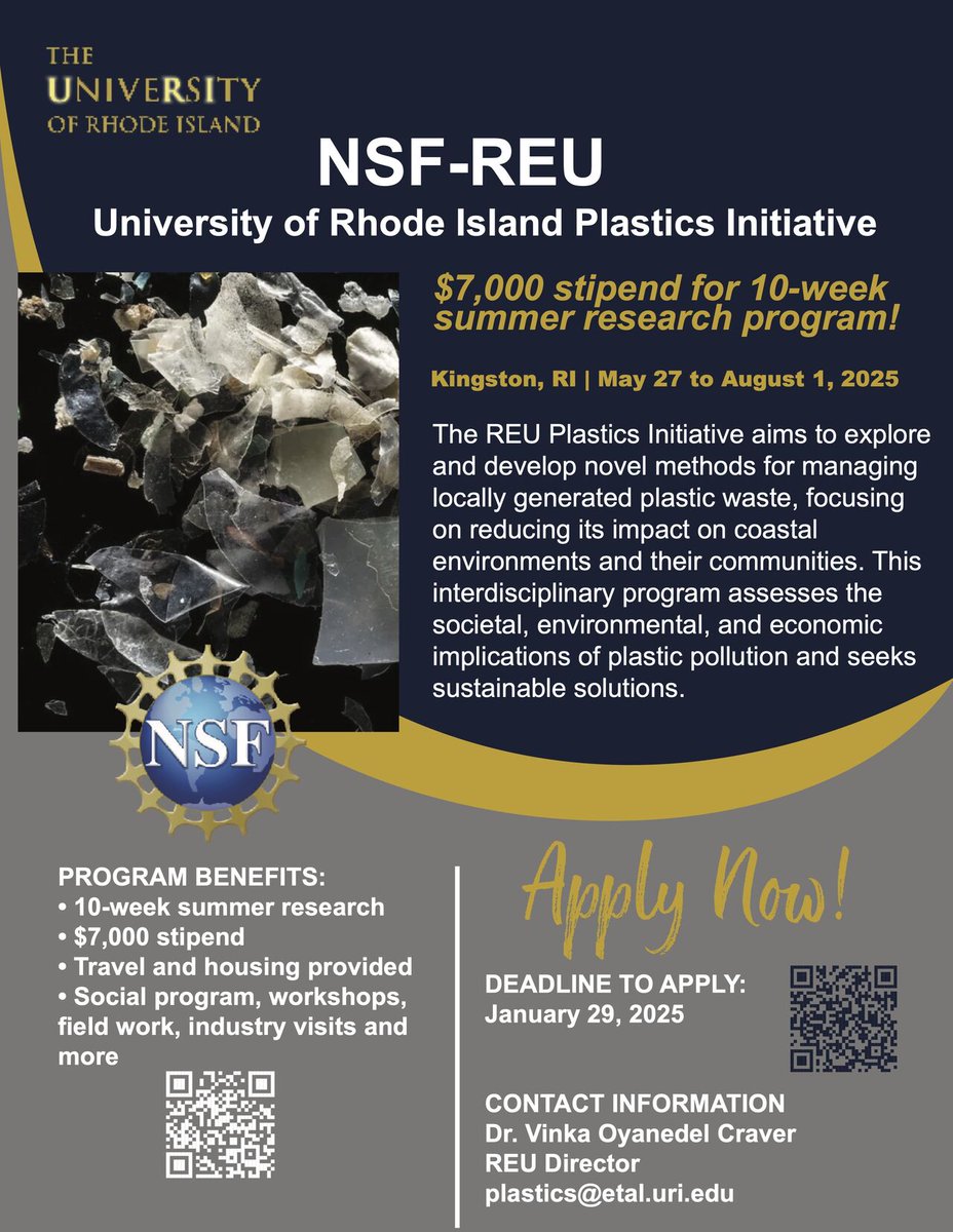 An exciting Undergraduate summer research opportunity!🌟
Apply now for our paid 10-week NSF-REU Program focused on cutting-edge #plastics research!
Don't miss out on the chance to enhance your research skills and contribute to innovative solutions for a sustainable  future!🌍#URI