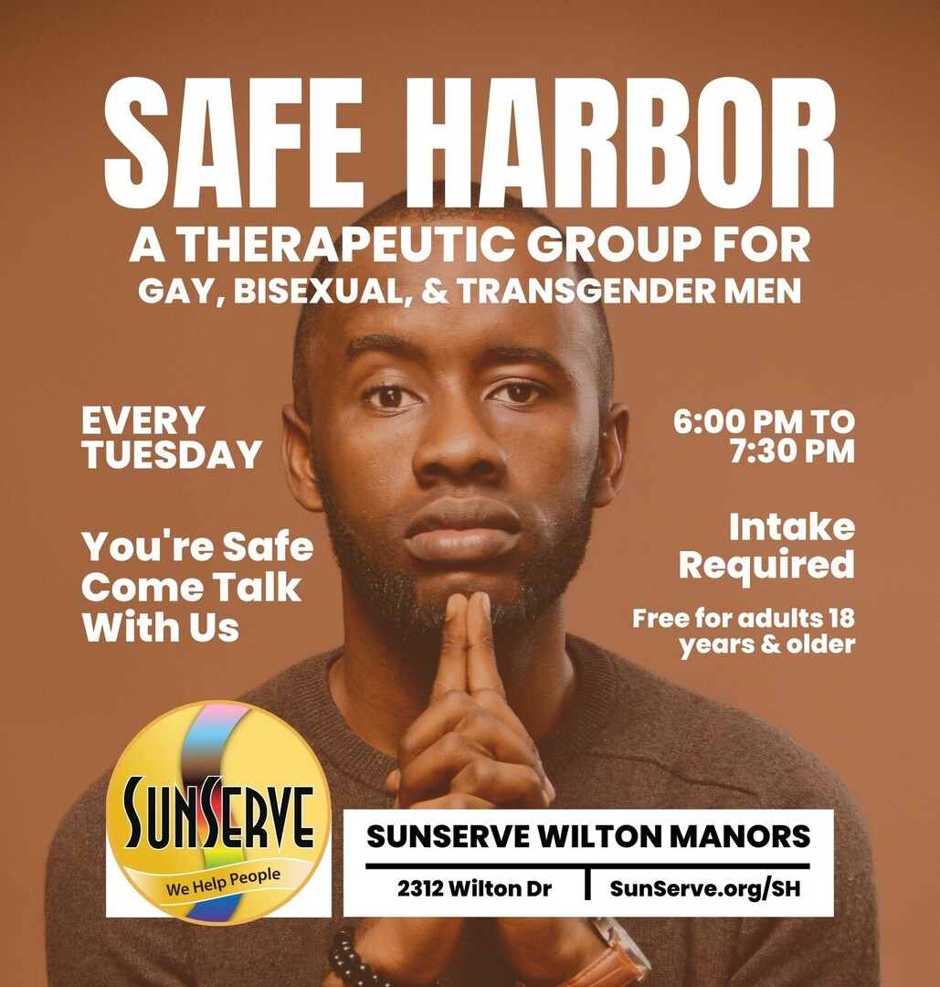 Need a safe space to talk and connect? 🌈 Join Safe Harbor, a therapeutic group for gay, bisexual, and transgender men, every Tuesday from 6:00 PM to 7:30 PM at SunServe Wilton Manors.

Feel supported and heard. Intake required. Learn more at … instagr.am/p/DDE__4AotdG/