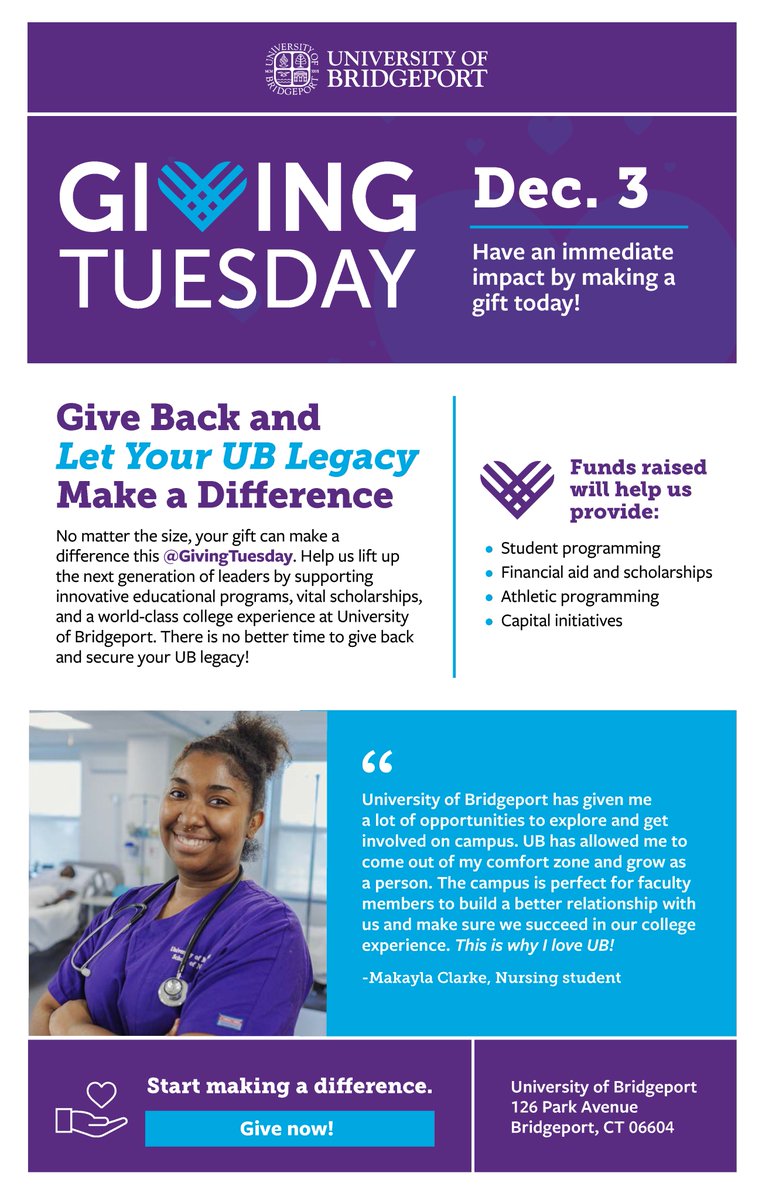 This Giving Tuesday, we invite you to make a lasting impact on the University of Bridgeport community.

Click bridgeport.edu/support-ub/giv… to make an impact!

#UniversityOfBridgeport #UBPurpleKnights #GivingTuesday #Giving University of Bridgeport