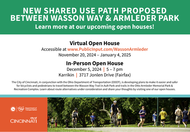 ODOT_Cincinnati's tweet photo. The city of Cincinnati &amp; ODOT are proposing a new shared use path between Wasson Way Trail in Ault Park and Otto Armleder Park. A virtual open house is under way &amp; this Thursday is our in-person open house. See more at https://t.co/r1o3vHBN67 https://t.co/ETia9Yy212