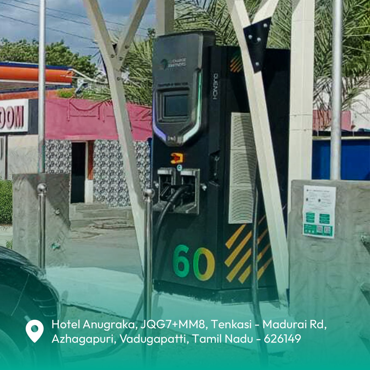 ChargePartners's tweet photo. 🌟 Charging ahead in Azhagapuri! 🌟

We’re excited to power up your journeys with a brand-new 60kW DC Fast Charger at Hotel Anugraka, Azhagapuri, Tamil Nadu. 

#EVCharging #FastCharger #Azhagapuri #SustainableMobility #DriveElectric https://t.co/S54A2Q31a0