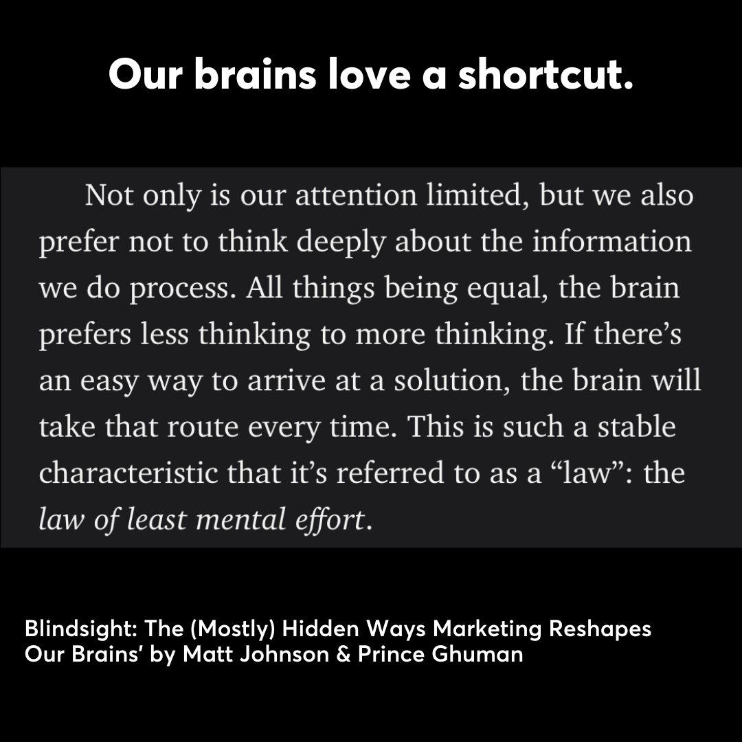 Our brains love a shortcut.

This is so ingrained that it’s a “law”. 

From the first-rate ‘Blindsight: The (Mostly) Hidden Ways Marketing Reshapes Our Brains’ 

by <a href="/mattjohnsonisme/">Matt Johnson, PhD | NeuroScience Of</a>  &amp; <a href="/PrinceGhuman248/">Prince Ghuman 🧠</a>