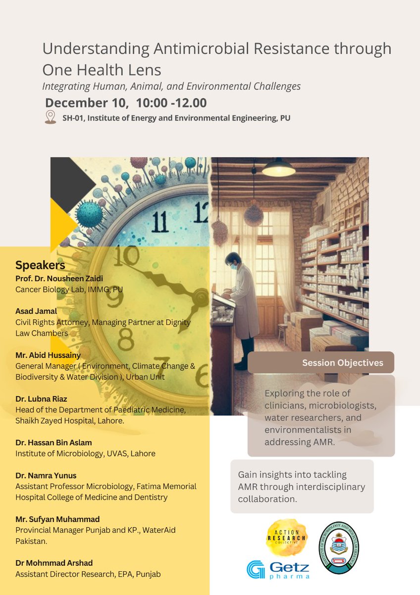 Nousheen Zaidi (@nosheen_z) on Twitter photo Join us on Dec 10 for a panel discussion on Antimicrobial Resistance (AMR) through a One Health Lens! 🌍
Experts from diverse fields will explore AMR from human, animal, and environmental perspectives. #AMR #OneHealth <a href="/ActionResear/">Action Research Collective</a> <a href="/GetzPharmaIntl/">Getz Pharma</a> Join us on Dec 10 for a panel discussion on Antimicrobial Resistance (AMR) through a One Health Lens! 🌍
Experts from diverse fields will explore AMR from human, animal, and environmental perspectives. #AMR #OneHealth <a href="/ActionResear/">Action Research Collective</a> <a href="/GetzPharmaIntl/">Getz Pharma</a>