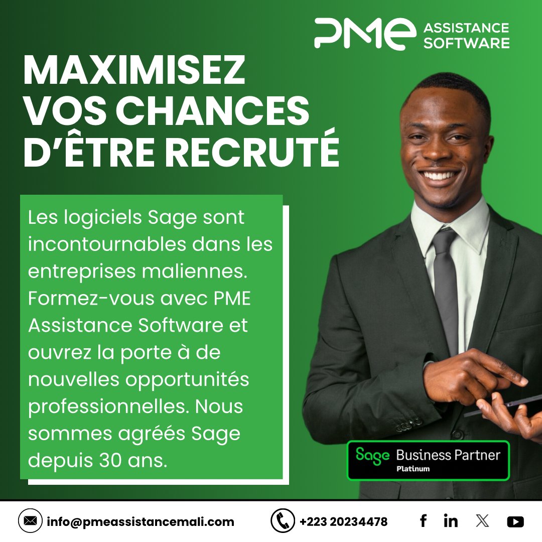 PMEAssistance's tweet photo. Boostez vos opportunités professionnelles !

Les logiciels Sage sont incontournables dans de nombreuses entreprises maliennes. Formez-vous avec PME Assistance Software, agréé Sage depuis 30 ans, et développez des compétences directement valorisées par les recruteurs. https://t.co/LYzzj9340d