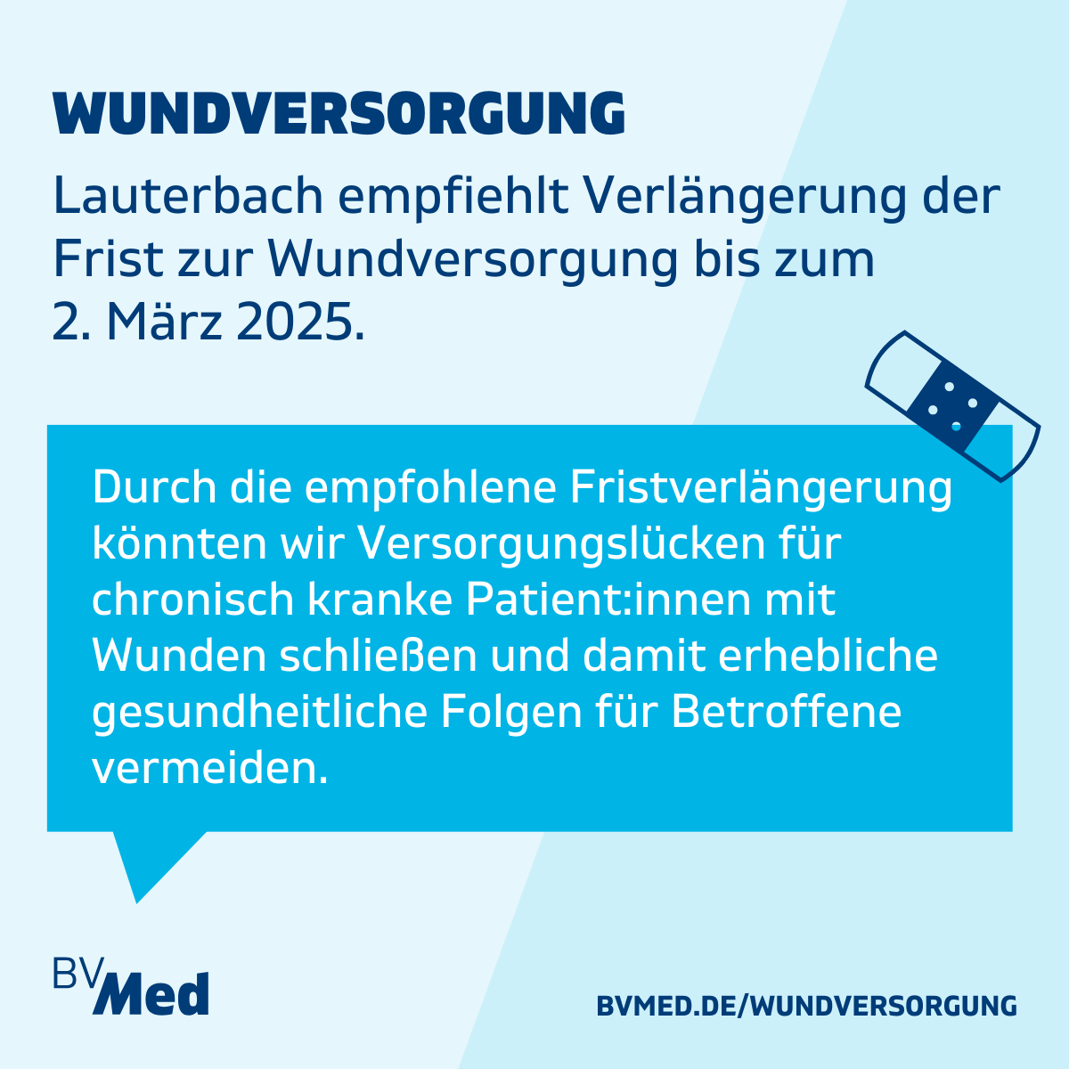 BVMed (@bvmed) on Twitter photo Bis heute gilt für „sonstige Produkte zur Wundbehandlung“ eine Übergangsfrist, in der sie ohne konkreten Nachweis des therapeutischen Nutzens in der GKV erstattungsfähig sind. Nun empfiehlt <a href="/Karl_Lauterbach/">Prof. Karl Lauterbach</a> eine Fristverlängerung bis zum 2. März 2025. Mehr bvmed.de/pm10224 Bis heute gilt für „sonstige Produkte zur Wundbehandlung“ eine Übergangsfrist, in der sie ohne konkreten Nachweis des therapeutischen Nutzens in der GKV erstattungsfähig sind. Nun empfiehlt <a href="/Karl_Lauterbach/">Prof. Karl Lauterbach</a> eine Fristverlängerung bis zum 2. März 2025. Mehr bvmed.de/pm10224