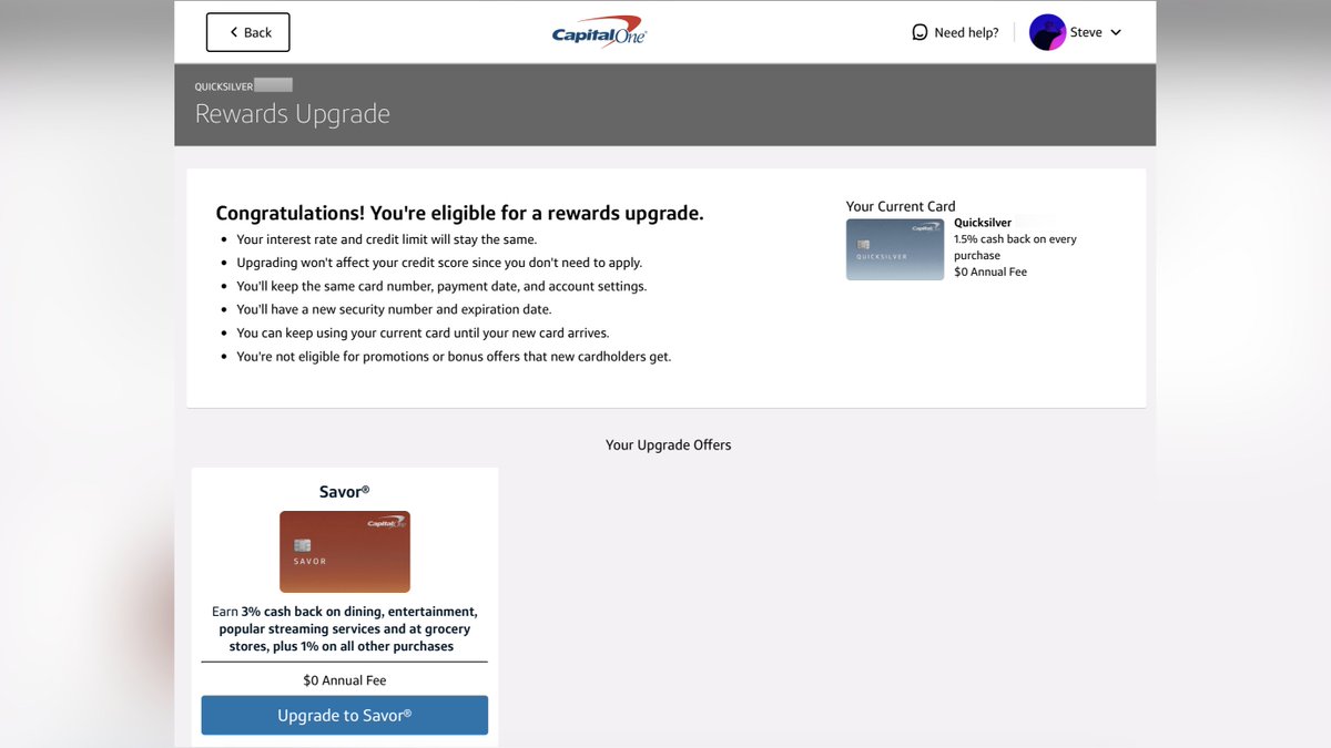 我Capital One 的信用卡QuickSilver 出现Upgrade Offer 了，推荐我升级到Savor，然而我上上个月刚申请了Savor，不过这个Offer  并不提升额度，不知道再等等能不能让我升级到