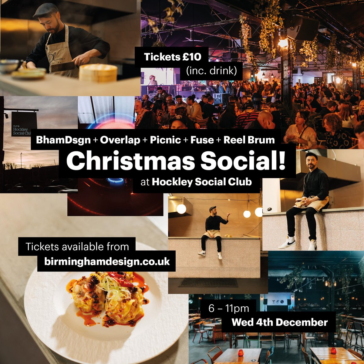 The Christmas Social on Wednesday is almost here! 
Come and join us alongside pals Overlap, Picnic, Fuse and Reel Brum for an evening of catching up &amp; chilling out. Masterchef winner Dan Lee is on food duties! 

Tickets &gt;&gt;&gt; birminghamdesign.co.uk/events/christm…