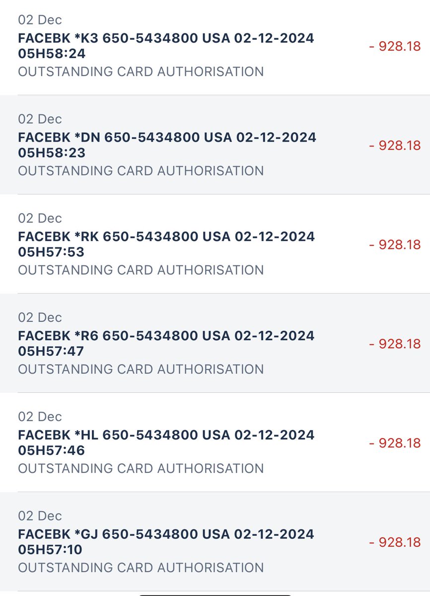 PLMyburgh's tweet image. .@StandardBankZA - your system allows for 19 fraudulent “Facebk” card payments from my account and you don’t pick it up? R17k gone in two minutes. And now I must wait for how long so that your fraud department can investigate? No, man.